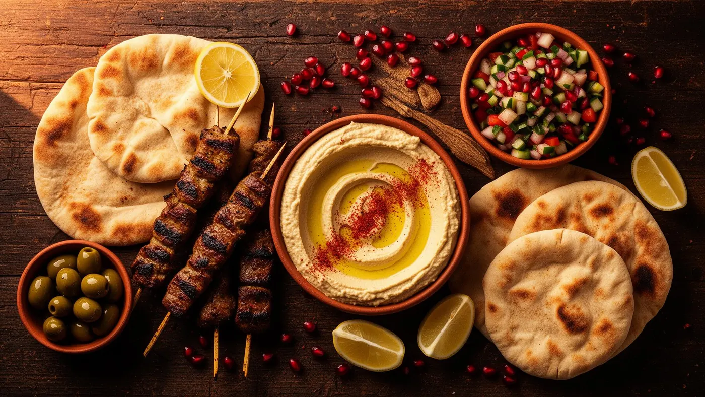 שולחן עם חומוס, סלטים ותבשילים במסעדת אחים עדוי פז טבעון